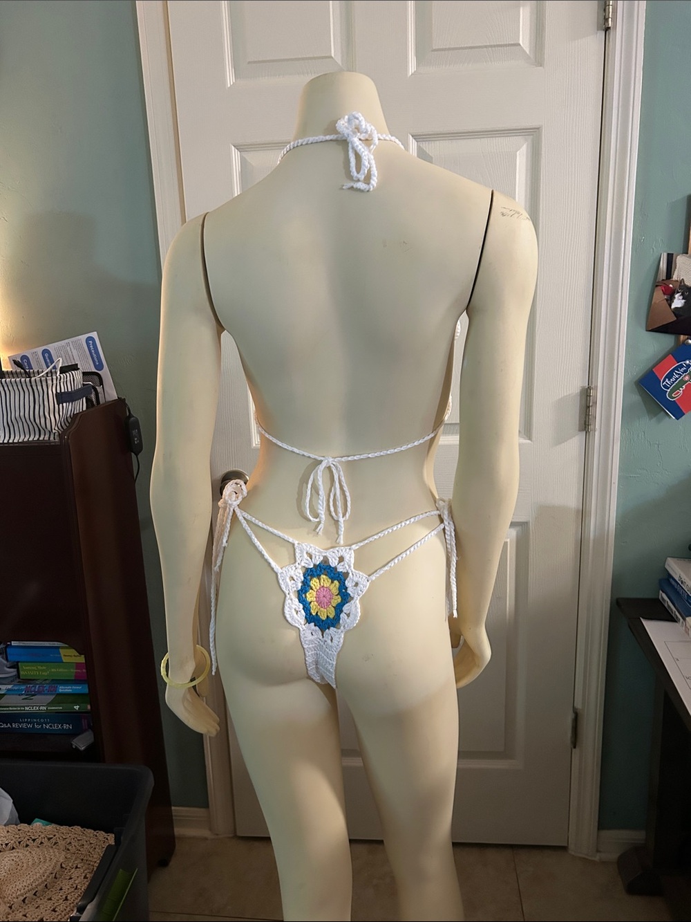 SHEIN White Crochet Floral Thong Bikini with Blue and Yellow Accents - Picture 2 of 10